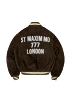 Brown jacket with 'ST MAXIM MO 777 LONDON' text on a light gray background