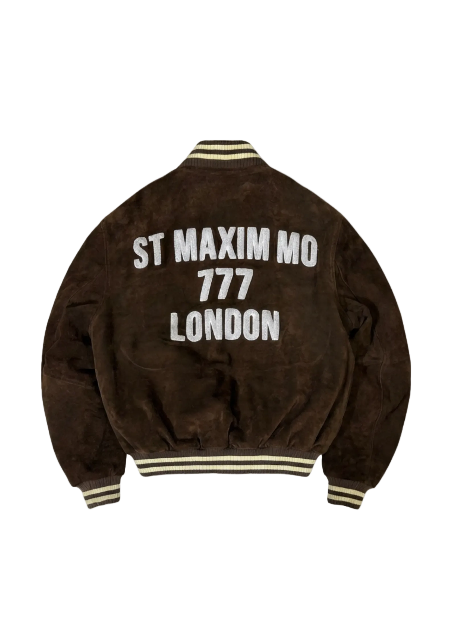 Brown jacket with 'ST MAXIM MO 777 LONDON' text on a light gray background